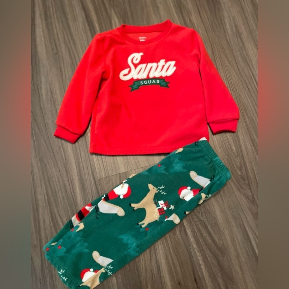 Carters fleece Santa Squad Red and Green Pajama Set size 24 months - Picture 2 of 6
